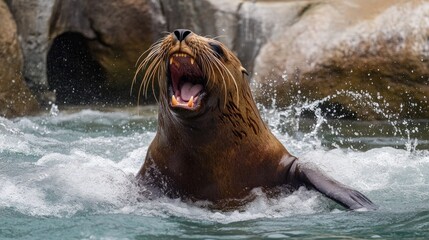 A sea lion splashes in water, displaying its teeth while vocalizing.