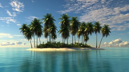 Fototapeta premium Idyllic tropical island with palm trees, clear turquoise water, and blue sky.
