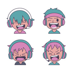 Set of Cute Boy Gamer Anime Cartoon Character Wearing Headset with Shouting Expression