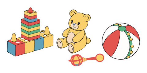 Obraz premium Children's Toys Illustrations on White Background. Perfect for: Children's Day, baby showers, educational events