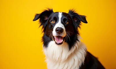 Fototapeta premium Portrait of a cute young black and white Color Collie dog sitting on a yellow background, Generative Ai
