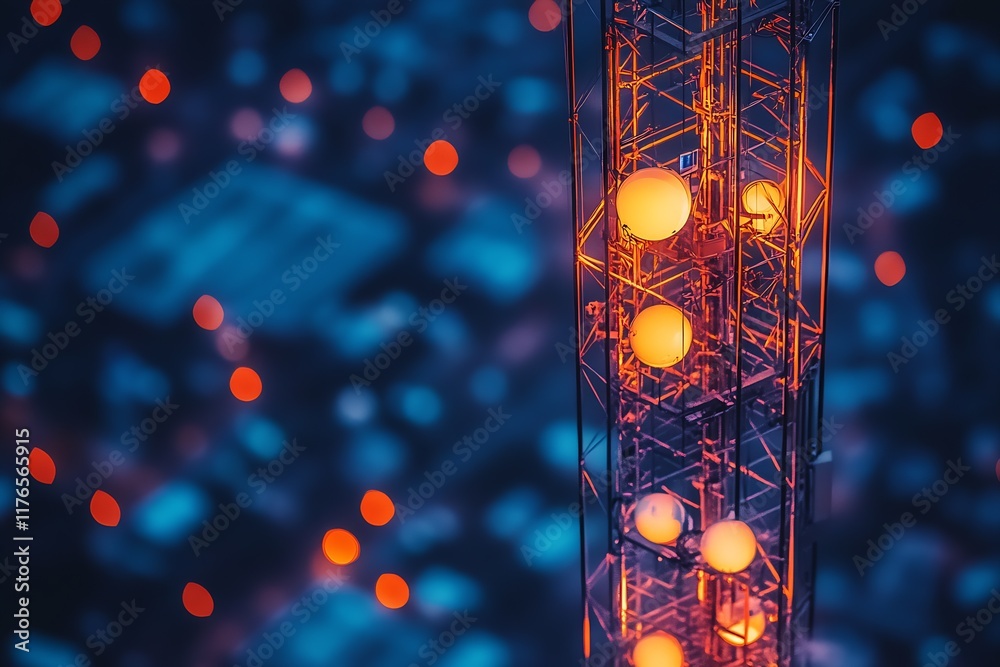Aufkleber communications tower at night with orange lights and bokeh effect over cityscape below : generative 