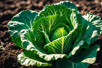A fresh, vibrant green cabbage growing in fertile soil under natural sunlight.