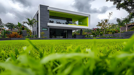 Elegant garden with lime accents on a well-maintained lawn, photographed in high detail on a cloudy day for an upscale vibe.