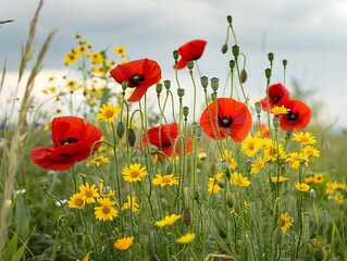 Obraz premium Red poppies and yellow daisies in a wildflower field