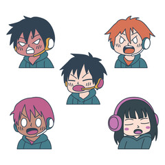Set of Cute Boy Girl Gamer Anime Cartoon Character Wearing Headset with Shouting Angry Expression