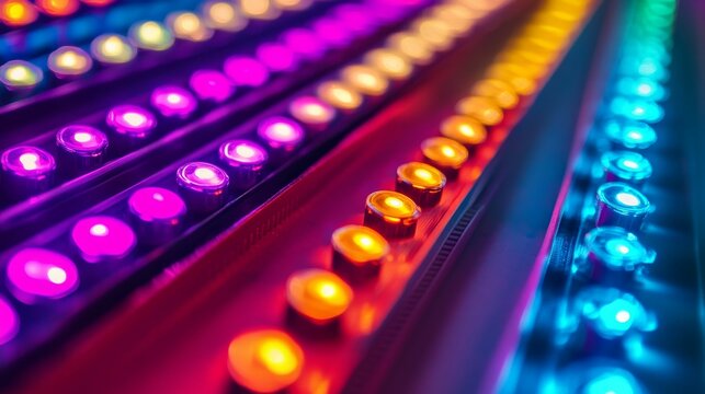 Bright multicolored lights arranged in parallel lines.