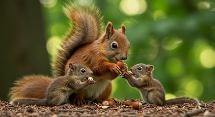 Fototapeta premium Adorable Red Squirrel Family Feeding on Hazelnuts in Forest