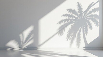 Serene Minimalist Room Interior with Palm Tree Shadow Projection on a White Wall