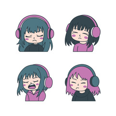Set of Cute Girl Gamer Anime Cartoon Character Wearing Headset with Sad Expression