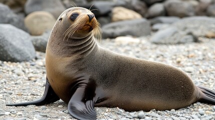 A seal resting on a rocky beach, showcasing its sleek fur and relaxed posture.