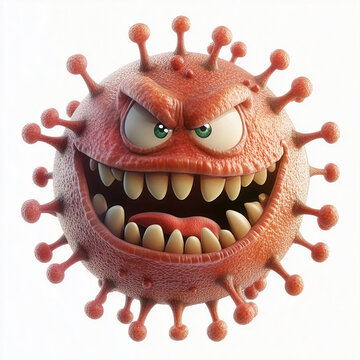 evil virus cell, cartoon style animation for 6 year olds, white background