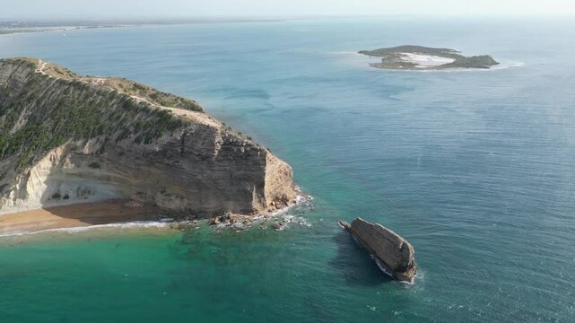 Aerial view of El Zapato rock and Isla Cabra island in the outskirts of Montecristi in the Monte Cristi province on the north coast of the Dominican Republic