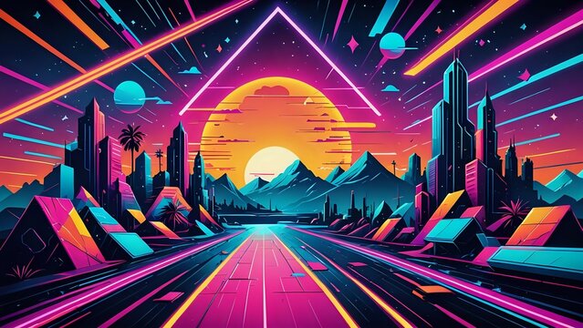 Surreal retro backdrop blending neon hues, fragmented geometric shapes, and unconventional 80s/90s influences, creating a bold and eclectic vintage vibe