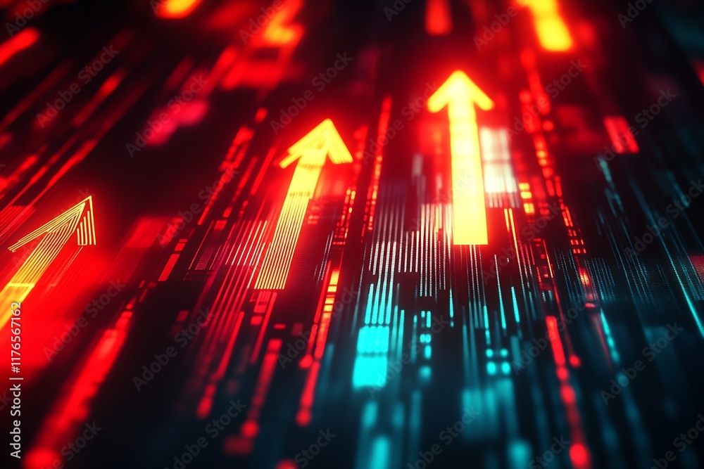Poster Abstract Technology Image with Illuminated Rising Arrows and Coding Flair : Generative AI