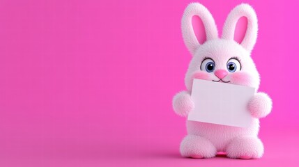 Obraz premium Cute Pink Bunny Holding Blank Sign on Pink Background for Kids