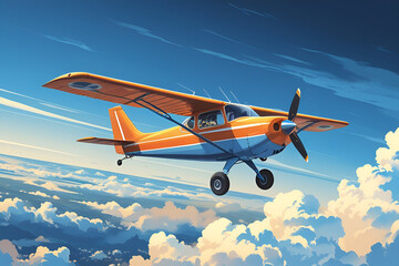 Orange and Blue Propeller Plane Soaring Above Clouds

