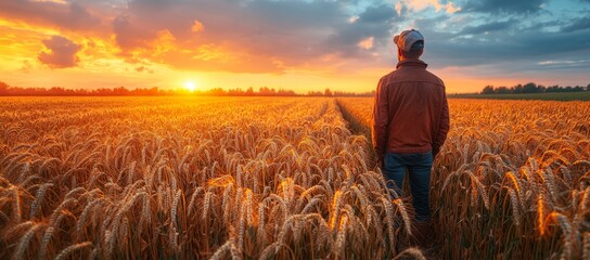 Fototapeta premium Farmer standing in a golden wheat field at sunset, contemplating the harvest.