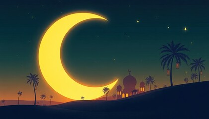 Obraz premium landscape with palm trees, moon and stars