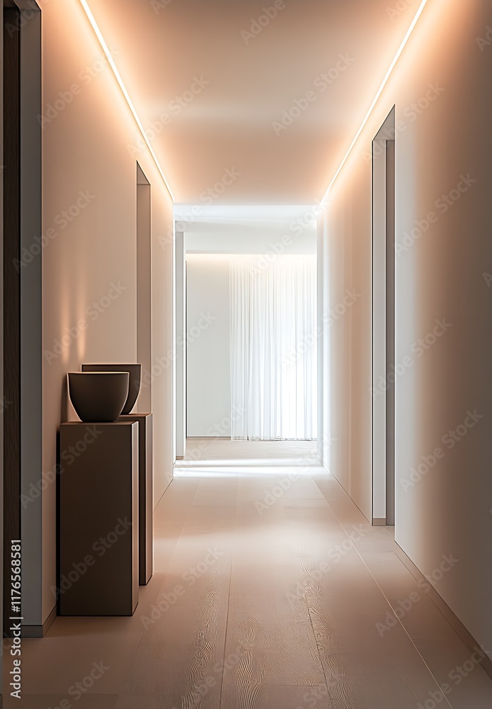 Poster Elegant Minimalist Interior with Soft Warm Lighting and Sleek Modern Architectural Design : Generative AI