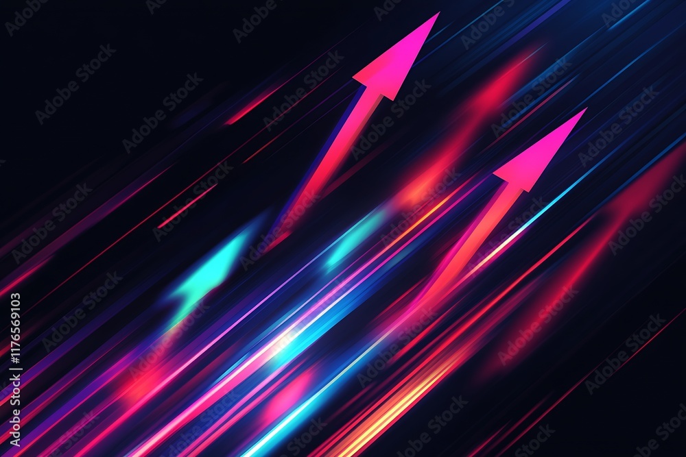 Poster vivid neon arrows with light streaks showing upward movement : generative ai