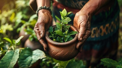 An Amazonian tribal healer tending to medicinal plants in a garden filled with rich herbal diversity. Traditional knowledge of plant-based remedies connects generations.