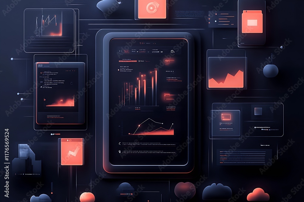 Poster High Tech Analytics and Data Visualization Display with Network Connectivity : Generative AI