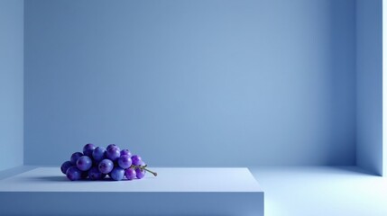 A Single Bunch of Purple Grapes Rests on a Pale Blue Minimalist Display Platform