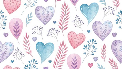 Pastel Watercolor Hearts and Leaves Seamless Pattern Design