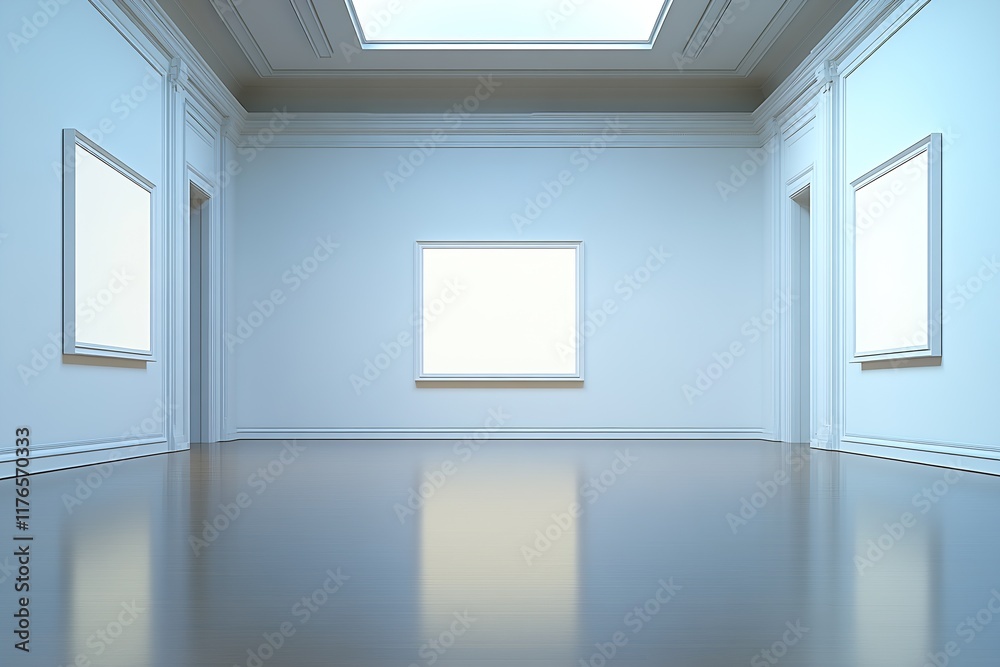 Poster open minimalist art gallery illuminated by natural skylight : generative ai