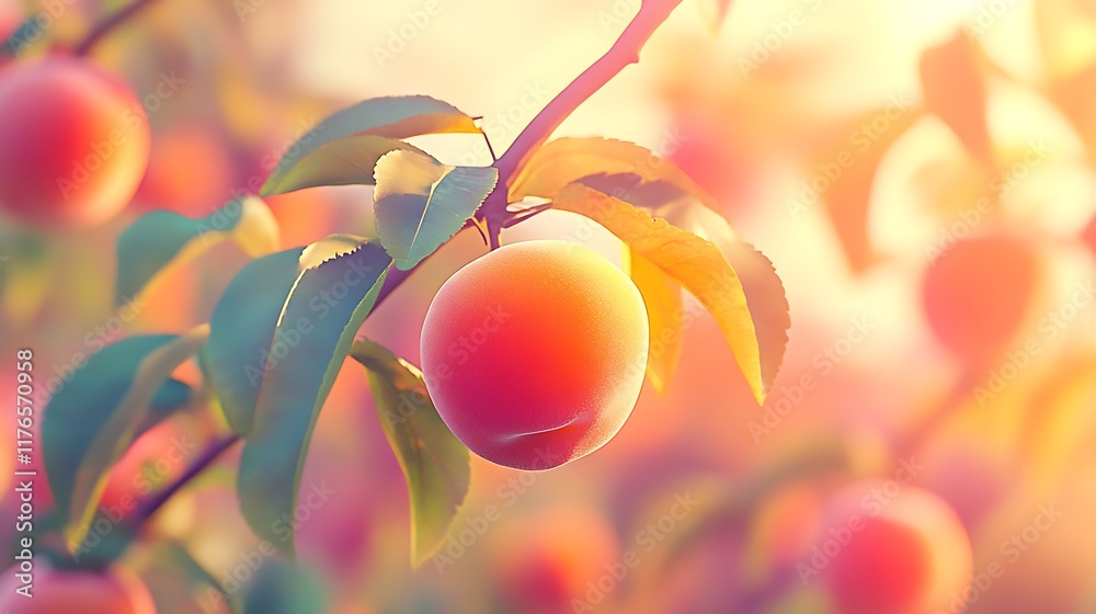 Poster Closeup of Peach on Branch in Orchard with Sunlight Creating Warm Glow : Generative AI
