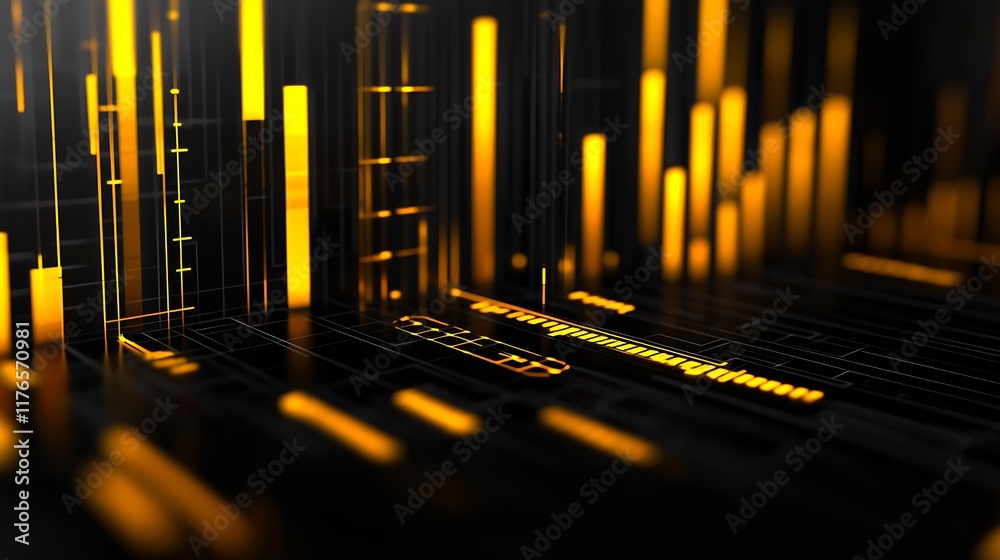 Poster Futuristic Digital Data Visualization with Glowing Vertical Bars and Circuit Details : Generative AI