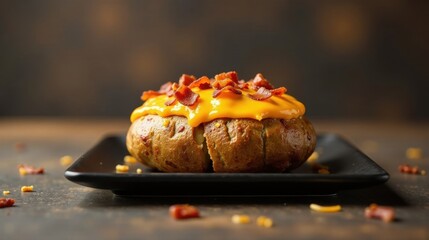 Scrumptious Baked Bread Roll Topped with Melted Cheese and Crispy Bacon Bits on a Dark Rectangular Plate