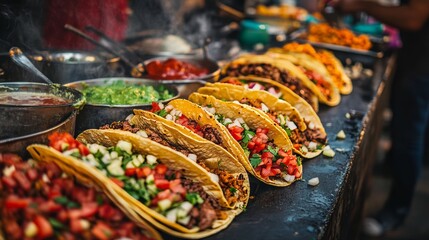 Fototapeta premium Freshly Prepared Tacos at a Vibrant Street Food Vendor Stall
