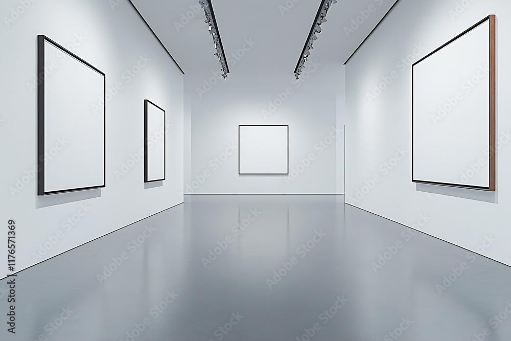 Poster contemporary art gallery with large white canvases and track lighting : generative ai
