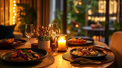 Fototapeta premium A cozy dining setup in a small Thai apartment with plates of organic food, a soft ambient light creating a warm atmosphere.