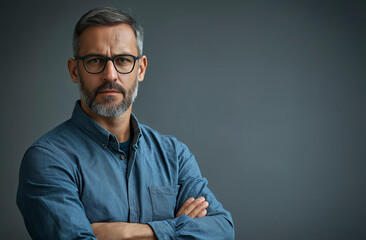 Fototapeta premium Confident stylish man with short hair and beard, wearing glasses and a blue shirt, arms crossed, isolated on white background, casual outfit, professional photo shoot pose