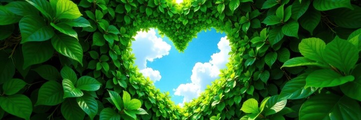 Large heart-shaped hole in lush green canopy, vibrant blue sky peeking through , natural, sky, lush