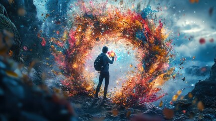 Fototapeta premium Person facing colorful portal.