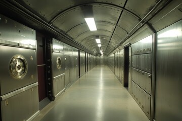 Naklejka premium Metal corridor; arched ceiling; many secured units.