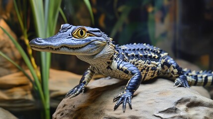Obraz premium A close-up of a young crocodile resting on a rock among greenery.