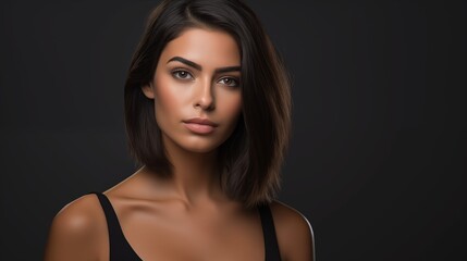Beautiful woman with shoulder-length hair,  wearing a black tank top, posing for a photo in a studio on a dark background