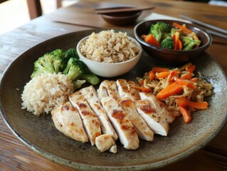 A healthy lunch spread: a plate of grilled chicken, steamed vegetables, and a bowl of brown rice on a wooden table.