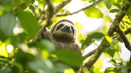 Fototapeta premium A sweeping Amazonian canopy alive with wildlife--parrots squawk, monkeys swing from branches, and a sloth peers from thick foliage. The intricate layers of trees create a vast green ocean. 