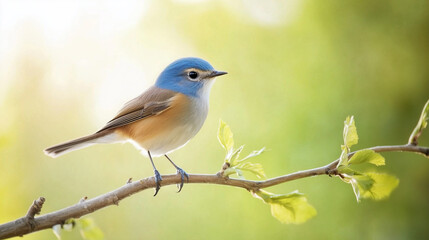 Bluebird Perched on a Branch: A delicate bluebird with a vibrant blue crown, perched on a slender branch, bathed in soft, golden sunlight. The image evokes a sense of peace, tranquility.