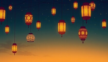 Obraz premium captivating display of hanging lanterns against a dark, moody backdrop. The lanterns are intricately designed with ornate patterns, creating a warm, golden glow. Ramadan background