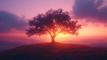 Obraz premium A serene image of a lone tree on a quiet hill under a dreamy purple sky, ideal for romantic moments, wedding invitations, or artistic prints.