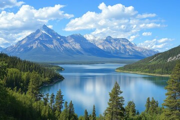 Fototapeta premium Serene lake nestled between mountains, blue sky.
