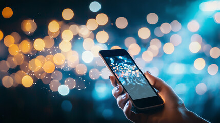 Capturing the Moment: A hand holding a smartphone with a bright, colorful image of a crowd on the screen, with a blurred background of bokeh lights. The image evokes a sense of connection, community.