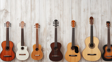 Fototapeta premium Acoustic Guitar Collection: A harmonious arrangement of six acoustic guitars, each with its unique finish and design, against a rustic wood backdrop.